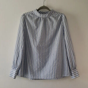 Loft Blouse Blue White Stripes Women  Long Sleeve Cottage Prairie Minimalist Lg